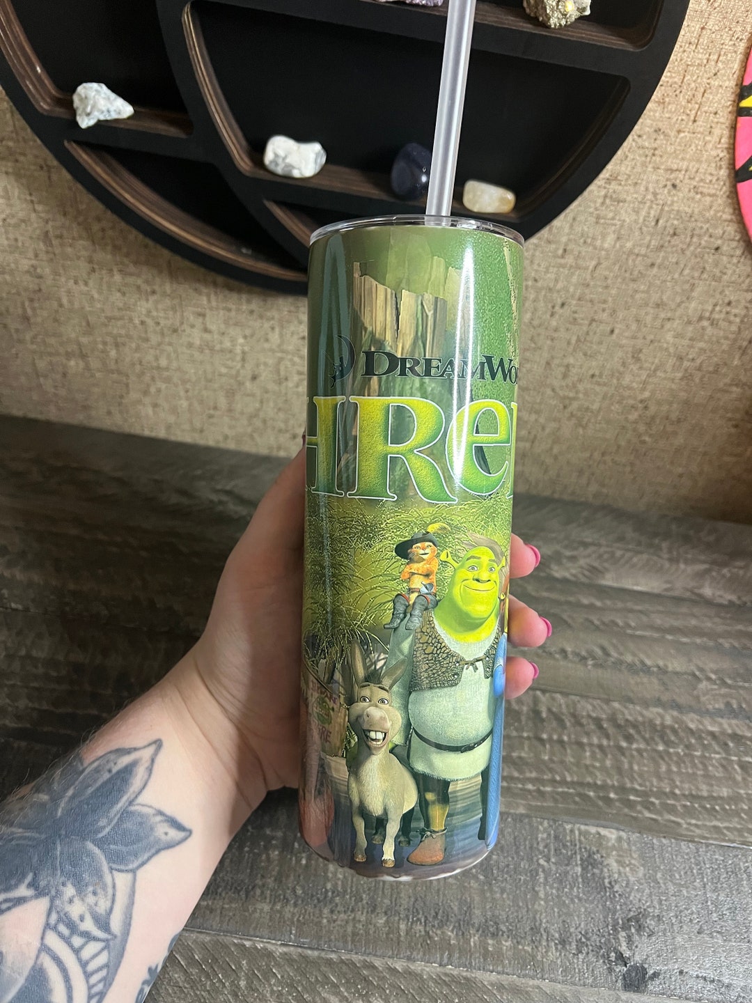 20oz Shrek tumbler, shrek and fiona, donkey and puss and boots, ogre, dragon