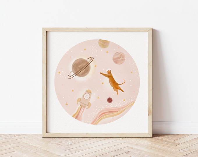 Cats In Space Print | Neutral Watercolor Art, Whimsical Cat Painting, Wall Decor For Nursery, Cute Cat Artwork, Pink Outer Space, Astronaut