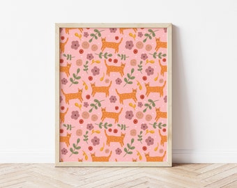 Cat Floral Pattern Art Print | Orange Cat Lover Art, Gift For Her, Botanical Wall Art, Cute Cat Pattern Poster, Pink Floral Pattern Design