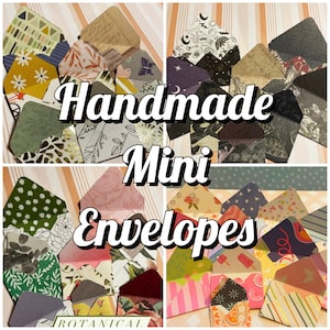 May include: A collage of handmade mini envelopes in various patterns and colors. The envelopes feature floral, geometric, and abstract designs. The text "Handmade Mini Envelopes" is displayed across the image.