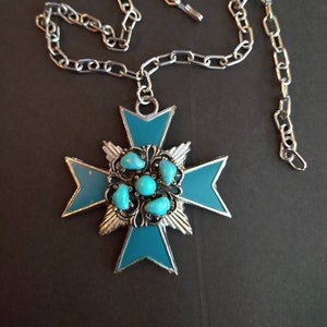 Vintage faux turquoise teal enameled Maltese, crusader&#39;s cross pendant necklace