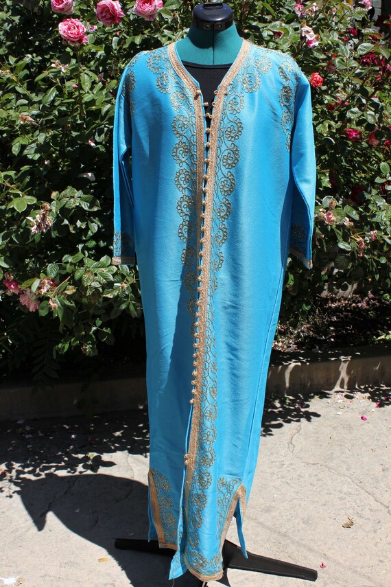 turquoise blue 1960's gold embroidered kaftan butt