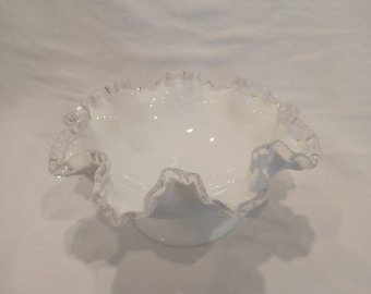 Fenton Silver crest 8 x 4 inch white with clear ruffled edge glass pedestal bowl