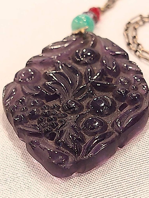 1920's Czech pressed glass fruit pendant on thin … - image 6