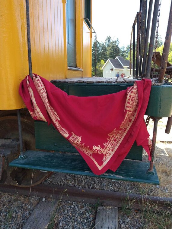 Vintage red and gold Emporium train car scarf. Po… - image 7