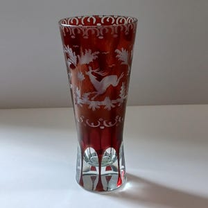 Egermann ruby red over clear glass etched cut glass vase / drinking glass 6.5in