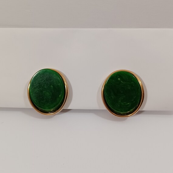 Spinach green bakelite clip on earrings vintage m… - image 3
