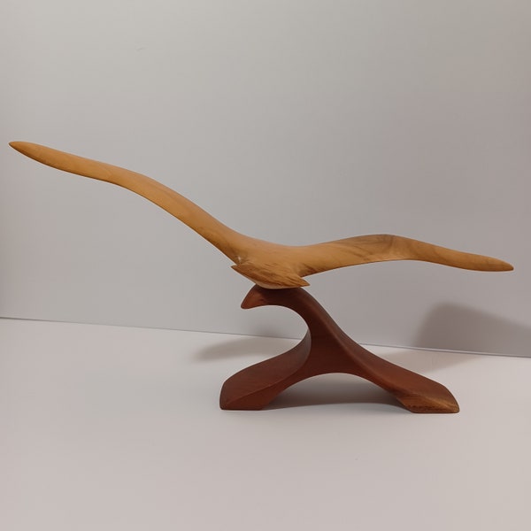 Myrtlewood Seagull Flying Over Wave 1970s Vtg Wooden Sculpture