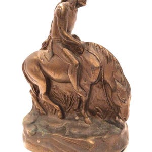 Searching Native American on horse, bronze clad chalkware, single bookend by John Ruhl. Circa 1920's