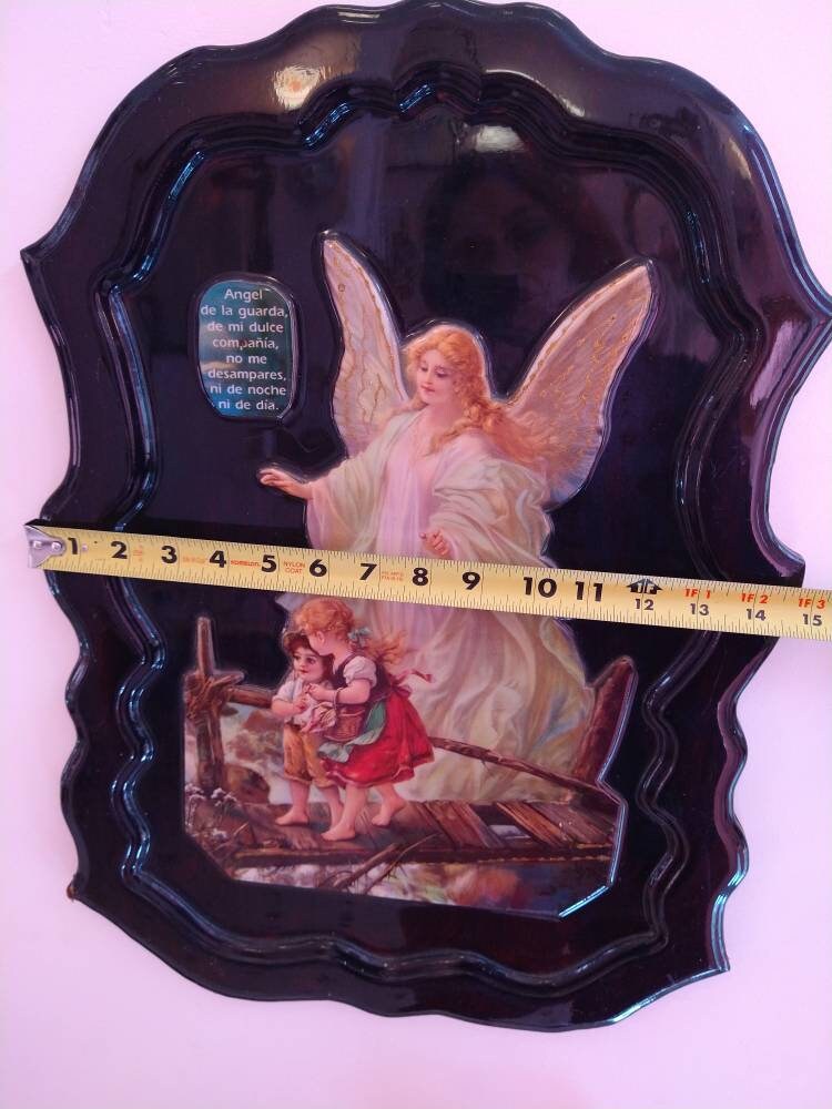 Vintage handmade guardian angel lacquered wood wall hanging Etsy