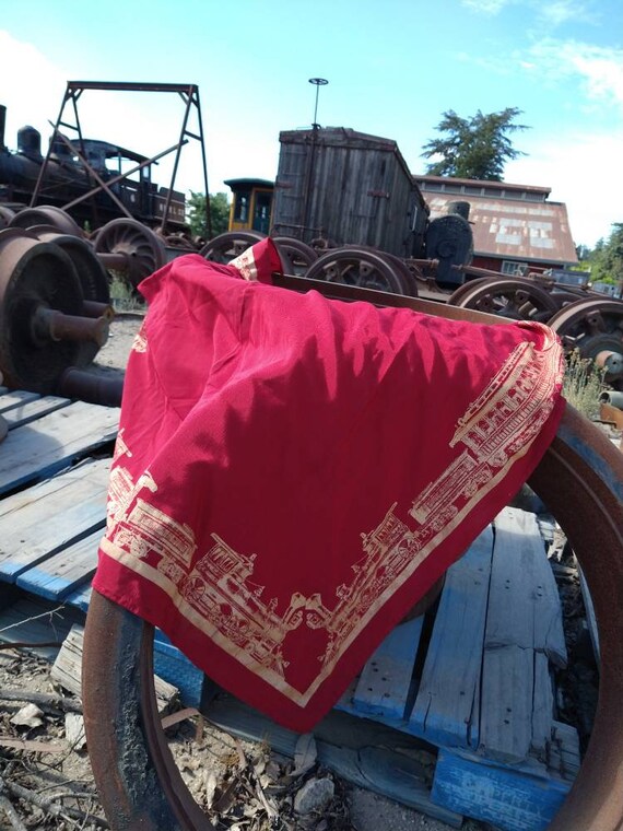 Vintage red and gold Emporium train car scarf. Po… - image 5