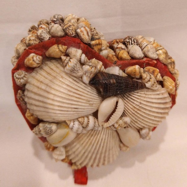 Sailor's valentine seashell covered heart shaped box