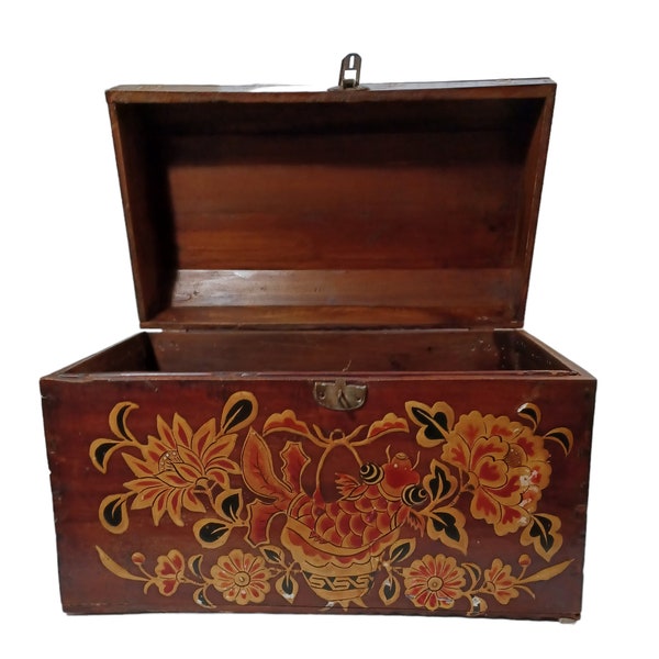 Antique Chinese Wooden Tea Box / wedding chest koi fish