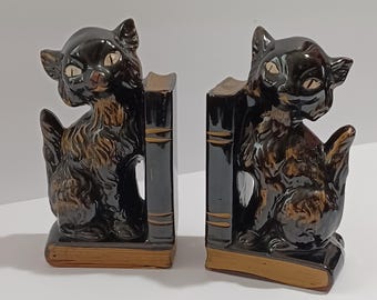 Ceramic black cats mid century vintage 1950s Japanese bookends