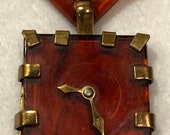 Vintage Rootbeer Bakelite Brass Deco Figural Clock Brooch - Articulated Piece w Triangular Pin and Square Clock Fob - Unsigned c.1930s