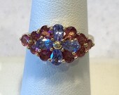 Vintage QVC 14k Gold Tanzanite Rhodolite Garnet Cocktail Ring - Prong Set Natural Stones w in Floral Motif Setting - 3.4 Grams - Sz. 7