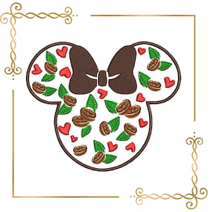 Minnie,  head, coffee beans embroidery design to the direct download.