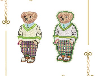 Teddy Bear Fashion in knitted sweater and in plaid pants embroidery design  (Digital File)