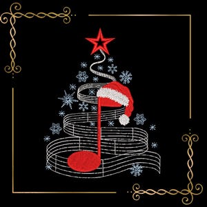 May include: An embroidery design on a black background featuring a musical note shaped like a Christmas tree. The note is red with a white-trimmed red Santa hat, topped with a red star, and surrounded by white embroidered snowflakes.