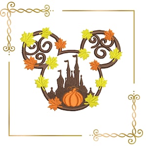 May include: An embroidery design featuring a dark brown outline of a mouse head silhouette filled with a dark brown castle and an orange pumpkin. The design is decorated with yellow and orange maple leaves and framed by gold corner flourishes.