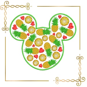 May include: Green outline of a Mickey Mouse head filled with yellow pineapples and red hearts.