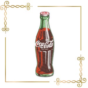 May include: Embroidered Coca-Cola bottle with a green neck and red cap. The bottle is filled with a dark red liquid and features the Coca-Cola logo in white script. The design is set against a white background with gold decorative elements.