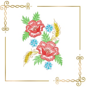 Red poppies, cornflowers,  wheat spikelets, embroidery design to the direct download.