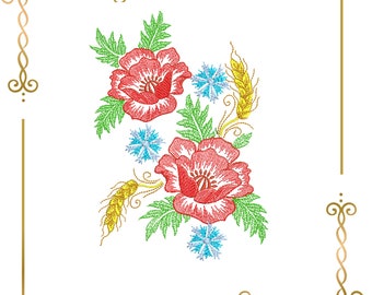 Red poppies, cornflowers,  wheat spikelets, embroidery design to the direct download.