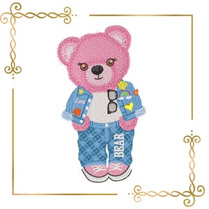 Orsetto di peluche Super Fashion rosa, ragazza, personaggio dei cartoni animati, ricamo a macchina digitale, disegni da ricamo