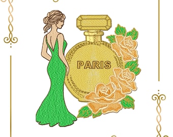 Flacon de parfum Français Golden Elegance motif de broderie (téléchargement numérique)