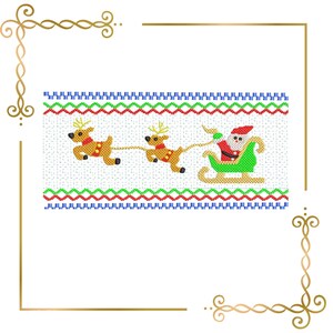 May include: A rectangular embroidery pattern featuring two brown reindeer pulling a green sleigh with Santa Claus inside. The design is bordered by horizontal rows of blue, green, and red geometric stitching on a white grid background.