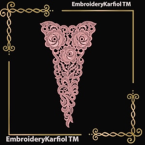May include: A light pink lace applique featuring an intricate floral and vine embroidery pattern. The design is triangular in shape with three prominent rose-like flowers at the top. The text EmbroideryKarfiol TM is visible in the corners.