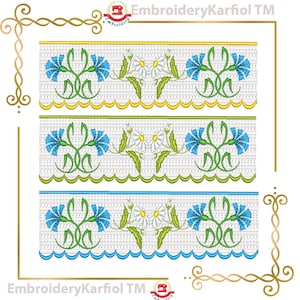 May include: Three horizontal strips of white fabric featuring an embroidered floral pattern of blue cornflowers and white daisies with green stems. Each strip has a scalloped edge in yellow, light green, and blue respectively. EmbroideryKarfiol TM.
