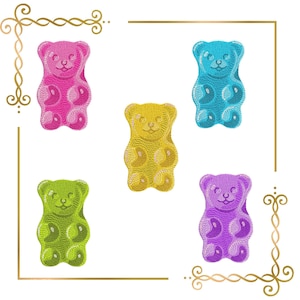 May include: Five embroidered gummy bear patches in bright colours including pink, blue, yellow, lime green, and purple. Each bear features a textured stitch pattern, rounded ears, and a smiling face, arranged within a gold decorative frame border.