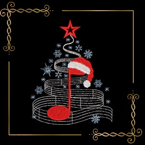 Könnte beinhalten: Eine rote Musiknote mit einem Weihnachtsmann-Hut obenauf, umgeben von weißen Schneeflocken und Noten, die die Form eines Weihnachtsbaums bilden.