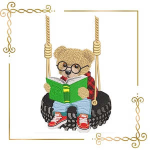 Super Fashion Teddy Bear reading on the swing, cartoon character, embroidery design to the direct download.
