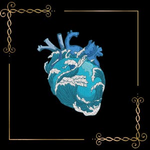 May include: An embroidered patch featuring an anatomical heart shape filled with a blue ocean wave pattern. The design incorporates shades of teal, light blue, and white foam crests, set against a solid black background with gold corner accents.