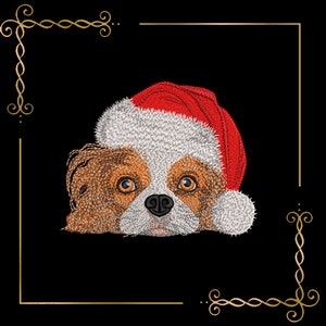 Christmas Dog wearing a Santa Claus hat embroidery design to the direct download.