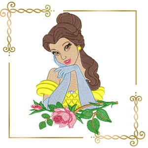 May include: An embroidery design featuring a brown-haired character with a yellow dress and light blue gloves, resting a chin on a hand. A pink rose with green leaves is positioned at the bottom, all framed by a thin gold border with scrollwork.