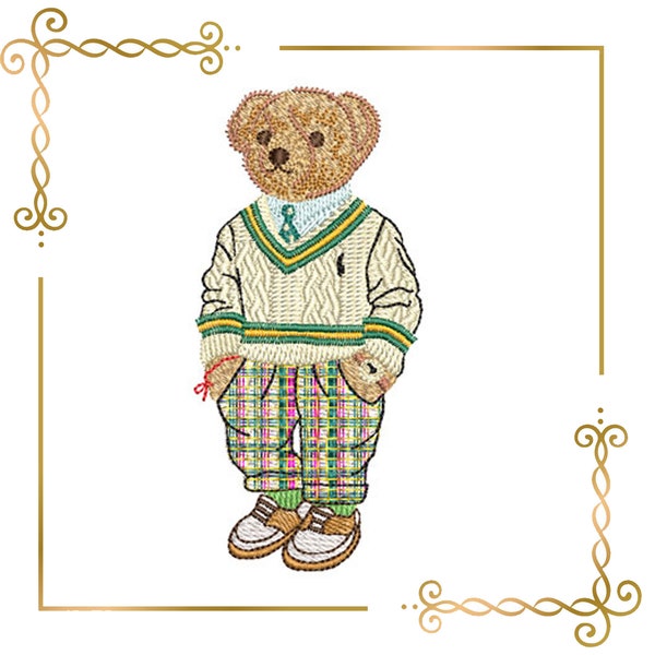 Super Fashion Teddy Bear  in a sweater and boots cartoon also patch embroidery design digital