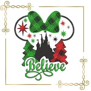 Minnie Mouse Christmas Believe Christmas Tree and Castle, Christmas Greetings,  embroidery design to the direct download