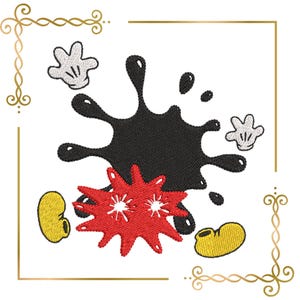 May include: An embroidery design featuring a large black ink splatter, a smaller red starburst shape, two white cartoon-style gloved hands, and two yellow rounded shoes, all framed by thin gold decorative corner flourishes on a white background.