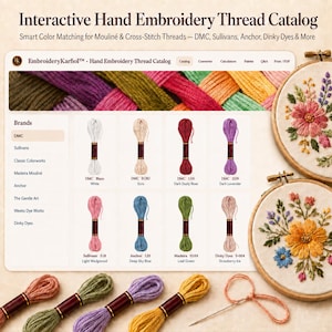 Puede incluir: Una interfaz de catálogo interactivo de hilos para bordar a mano que muestra nombres de marcas, madejas con etiquetas de color y menús de navegación. Dos bastidores de madera con diseños florales bordados descansan junto a madejas sueltas.