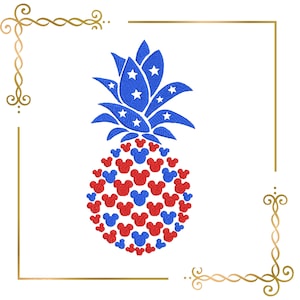 Könnte beinhalten: Eine Ananas mit einem rot-weiß-blauen amerikanischen Flaggenmuster auf der Oberseite und einem Muster aus roten und blauen Mickey-Maus-Köpfen auf dem Körper.