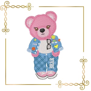 May include: An embroidered patch of a pink teddy bear wearing a blue denim jacket with patches, a white cable knit sweater, and blue jeans with the text BEAR. The bear has black glasses around its neck and wears pink trainers with white soles.