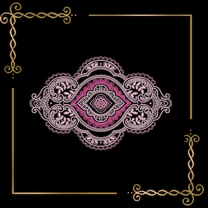 Könnte beinhalten: Ein filigranes florales Design in Rosa und Weiß mit einem goldenen Rahmen. Das Design ist symmetrisch und hat ein paisleyartiges Muster.