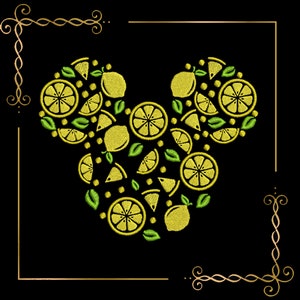 May include: A black background with a gold frame around a lemon-shaped Mickey Mouse silhouette. The silhouette is made up of yellow lemons and green leaves.