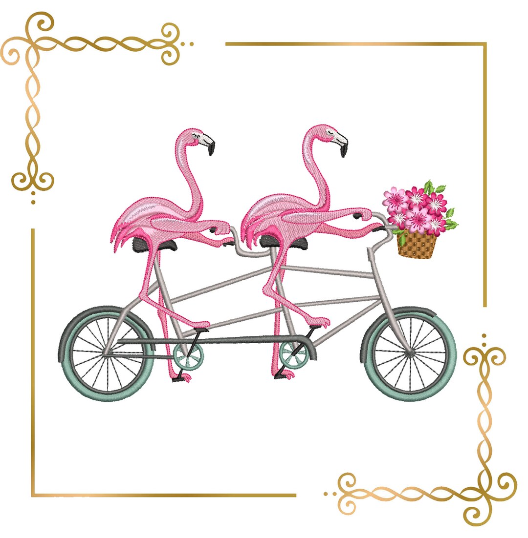 Cartoon Pink Flamingos Couple on a Bicycle Embroidery Design to the ...