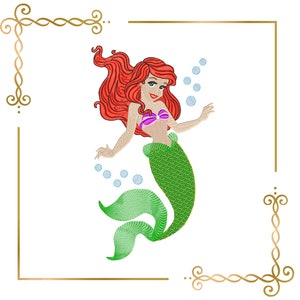 Cute Mermaid with Red Hair - Ocean Girl Machine Embroidery - Instant Download