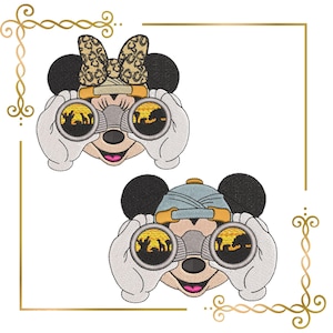 May include: Two embroidered character designs featuring a mouse figure wearing a leopard print bow or a blue cap, both holding binoculars. The lenses show a silhouette of a giraffe and trees against a yellow sunset background, rendered in thread.